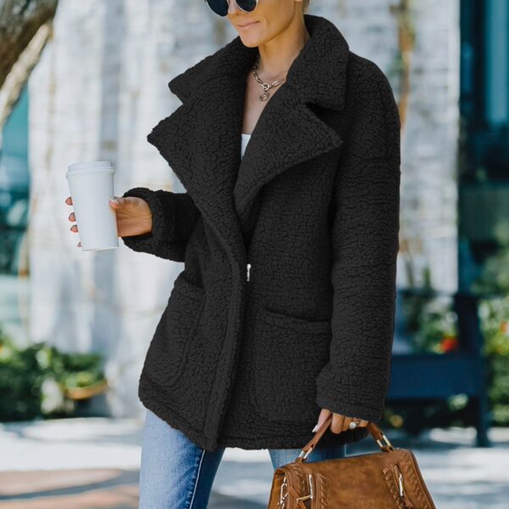 Cozy Brown Wide Collar Teddy Jacket Coat Oversized - Picture 15 of 16
